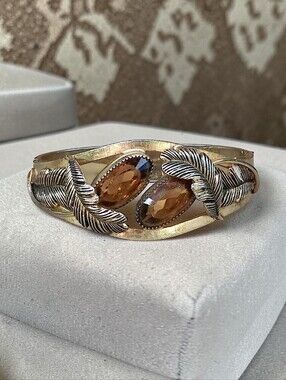 Vintage Smokey Topaz Glass Gold Tone Bracelet